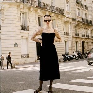 DOEN HEIRLOOM Criselda Dress Velvet Black Dress with Sheer Polka Dot Sleeves